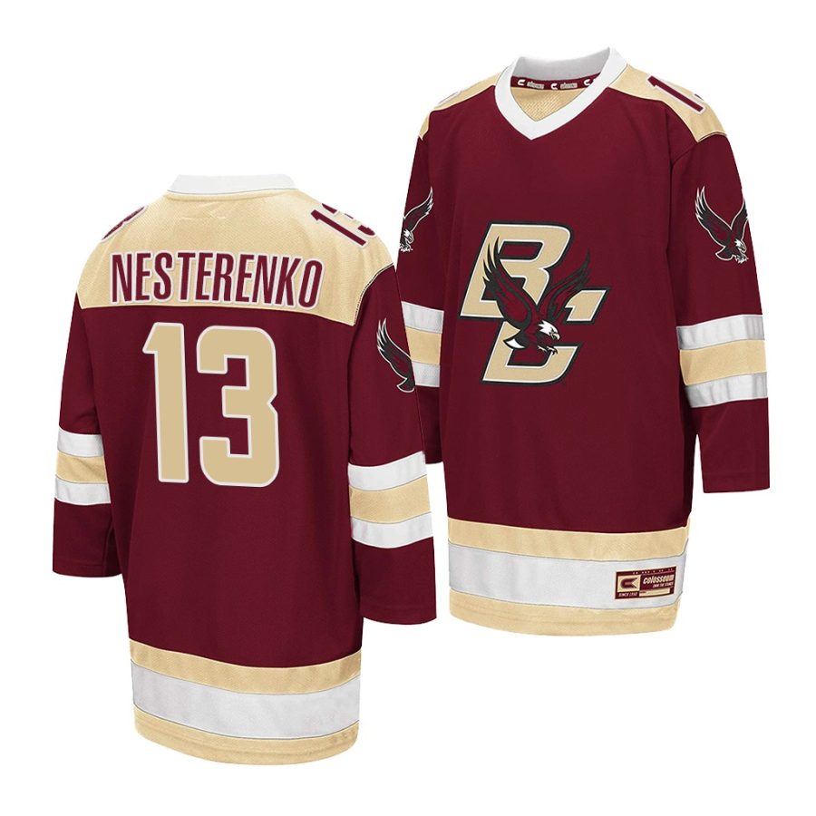 boston college eagles nikita nesterenko 2021 22 college hockey maroon away jersey