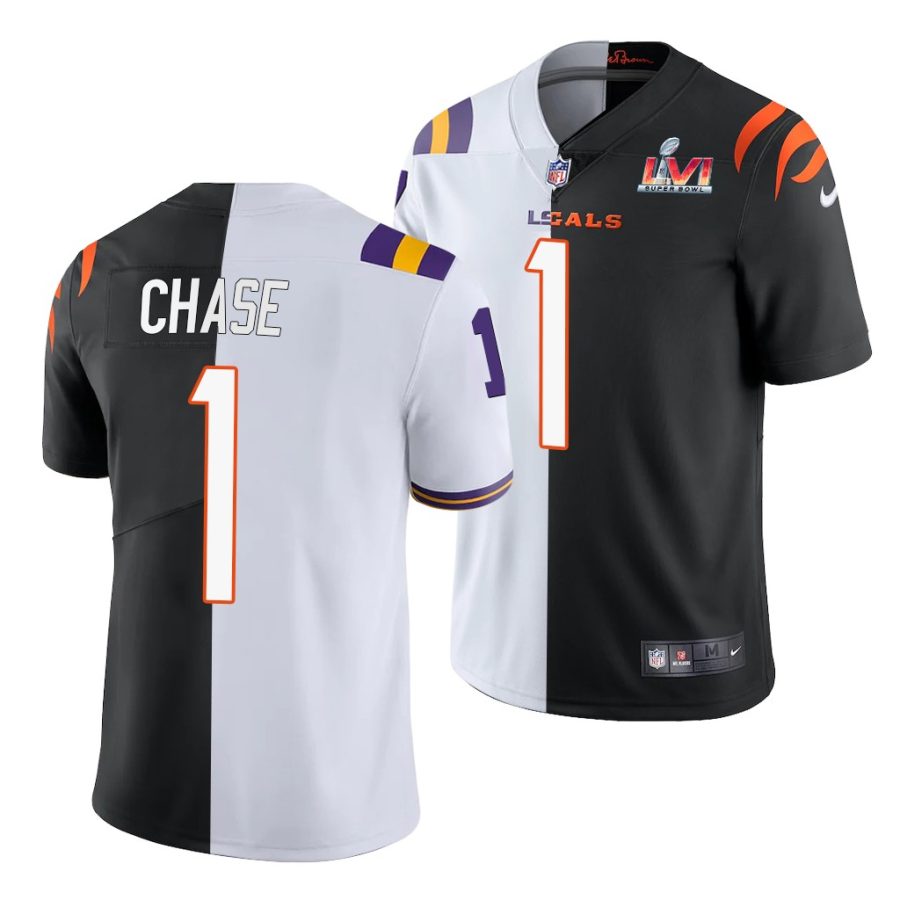 cincinnati bengals ja'marr chase white black super bowl lvi nfl draft split jersey