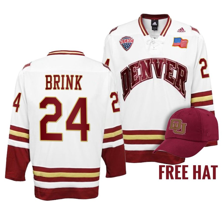 denver pioneers bobby brink 2022 college hockey white free hat jersey