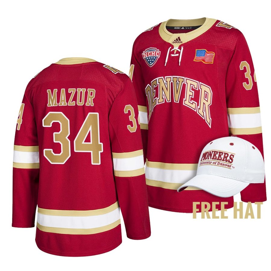 denver pioneers carter mazur 2022 college hockey crimson nchc jersey