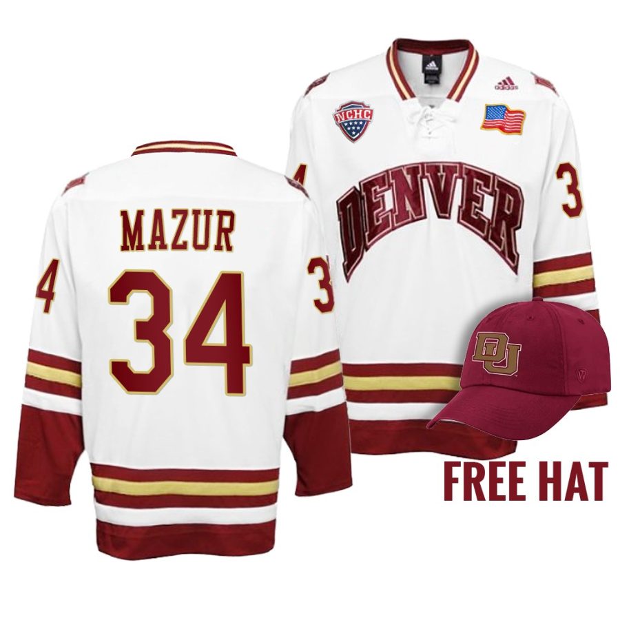 denver pioneers carter mazur 2022 college hockey white free hat jersey