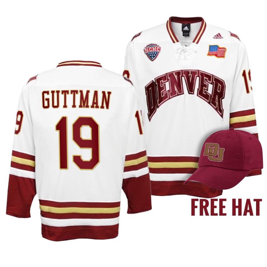 denver pioneers cole guttman 2022 college hockey white free hat jersey