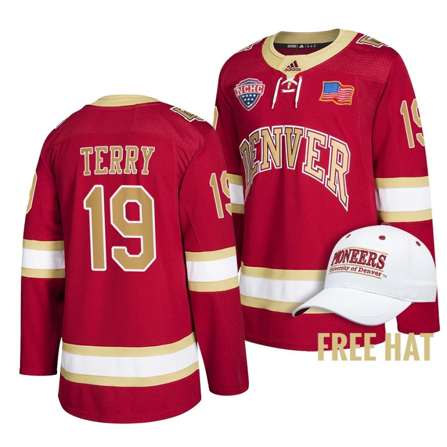 denver pioneers troy terry college hockey crimson alumni jersey