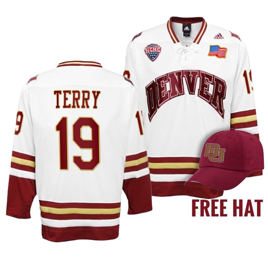 denver pioneers troy terry college hockey white free hat jersey