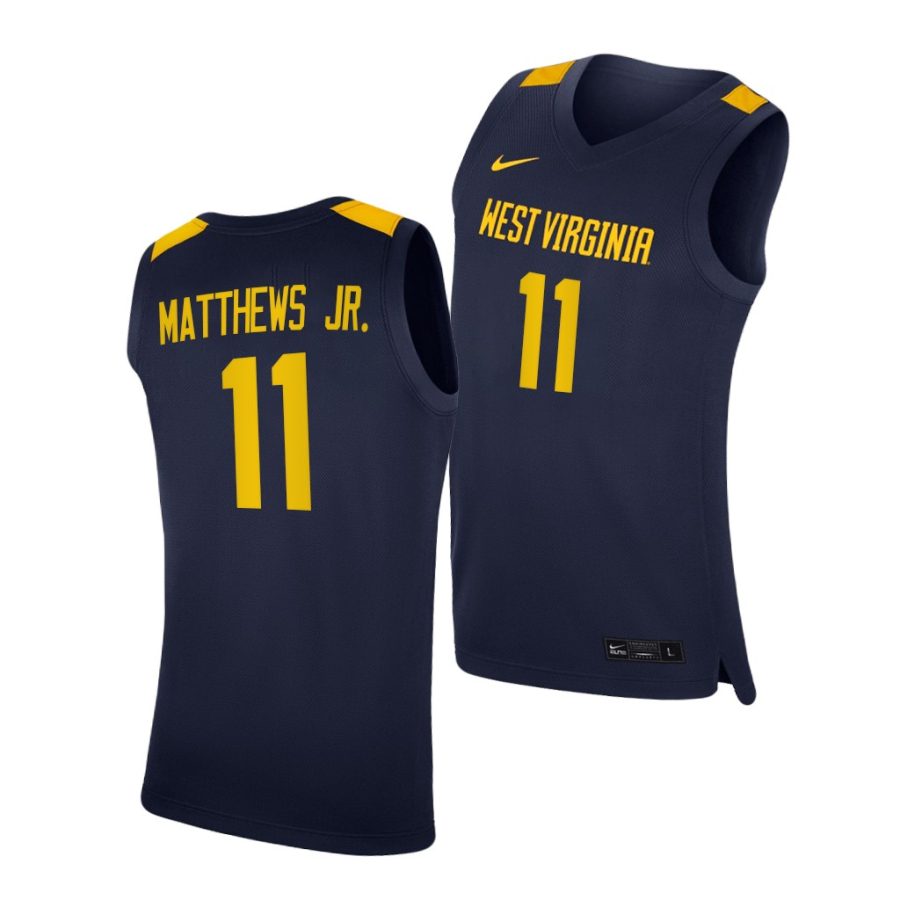 emmitt matthews jr. west virginia mountaineers navy replica 2020 21 college basketball jersey