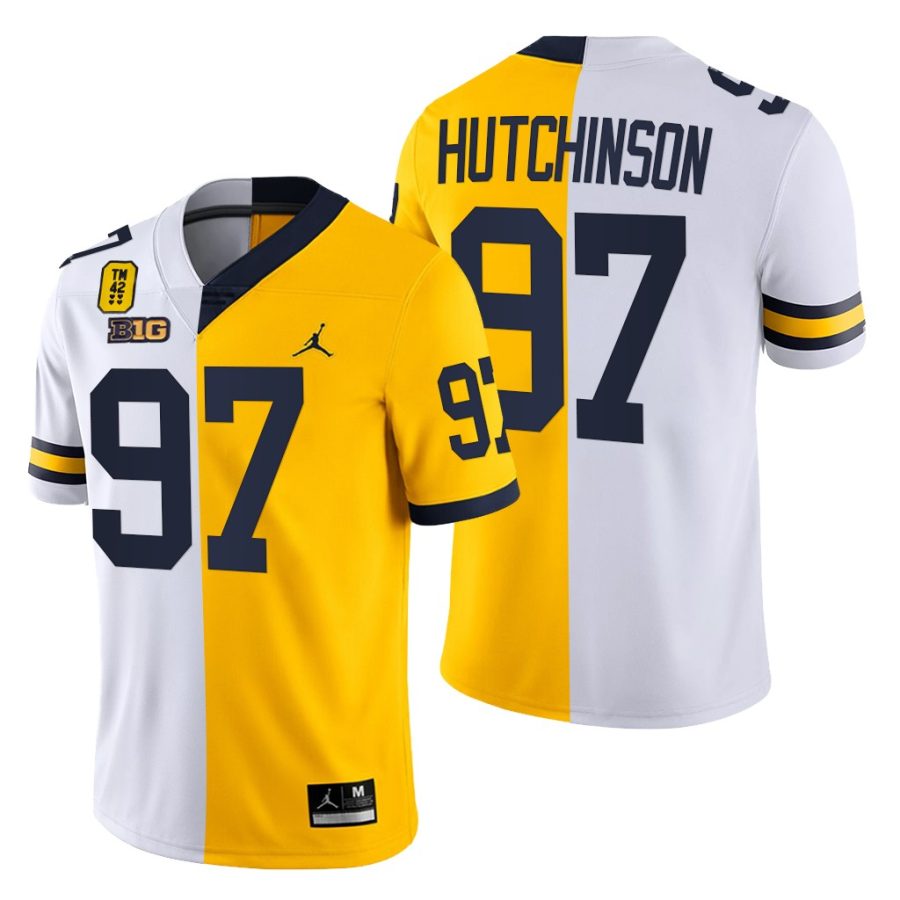 michigan wolverines aidan hutchinson white maize tm 42 patch split limited edition jersey