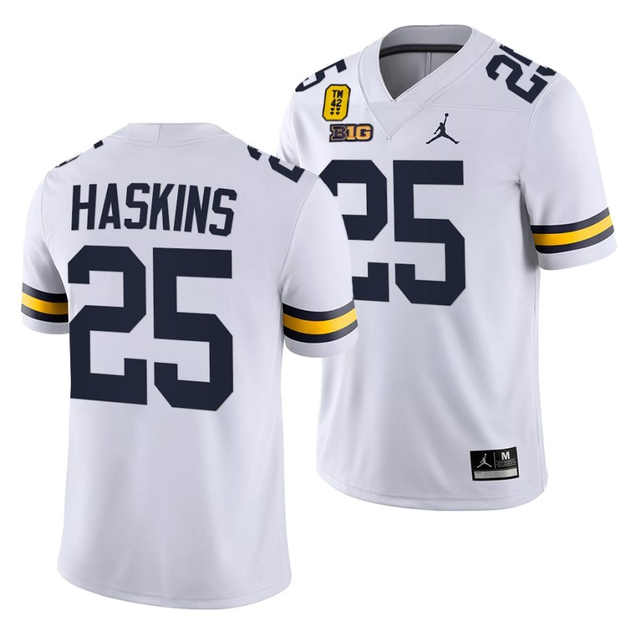 michigan wolverines hassan haskins white tm 42 patch honor tate myre jersey