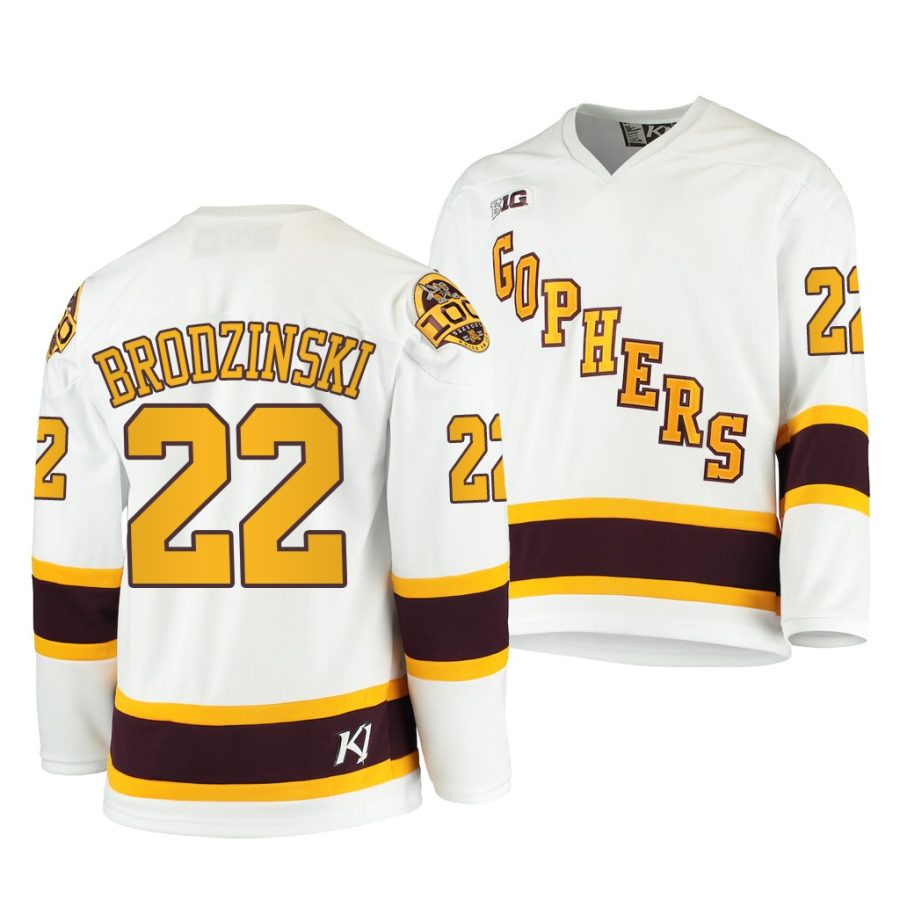 minnesota golden gophers bryce brodzinski 2020 21 100th season white college hockey jersey