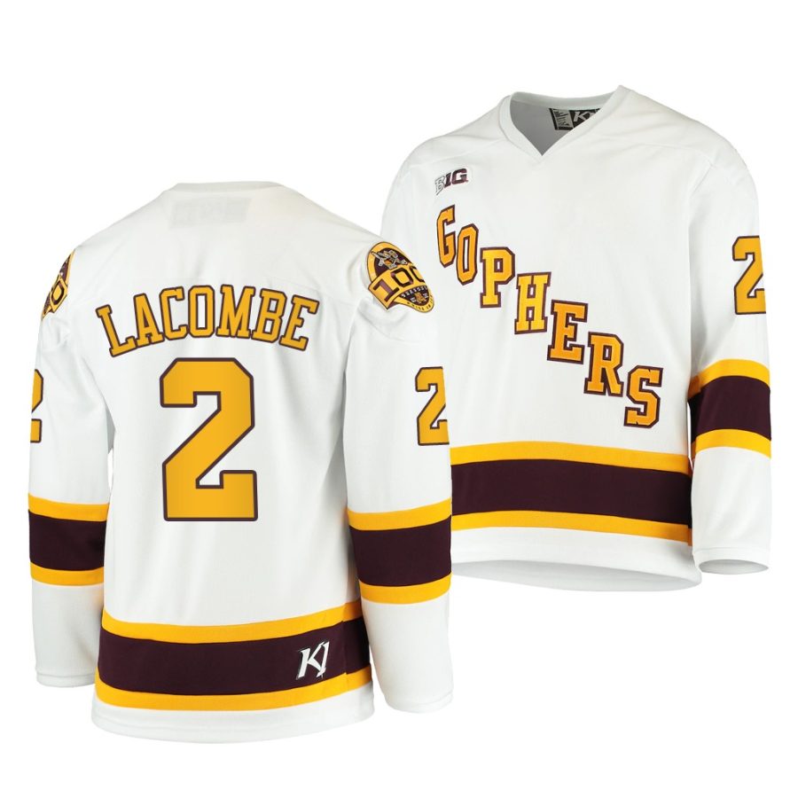 minnesota golden gophers jackson lacombe 2020 21 100th season white college hockey jersey