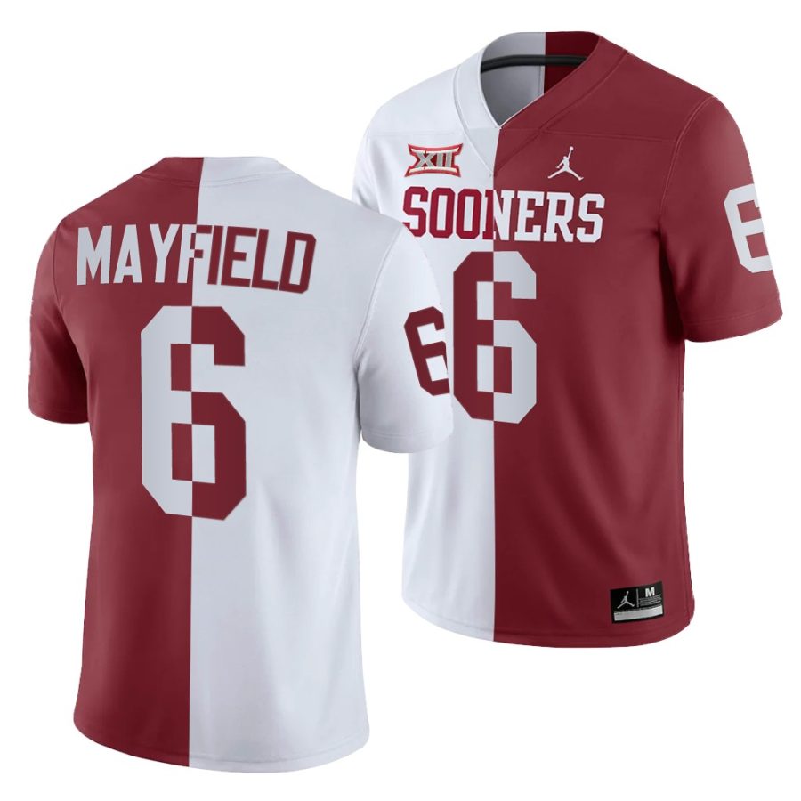 oklahoma sooners baker mayfield white crimson split men's jersey