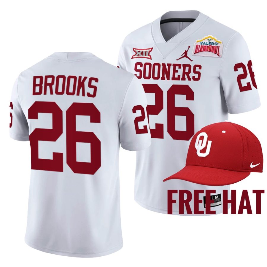 oklahoma sooners kennedy brooks white 2021 alamo bowl free hat jersey