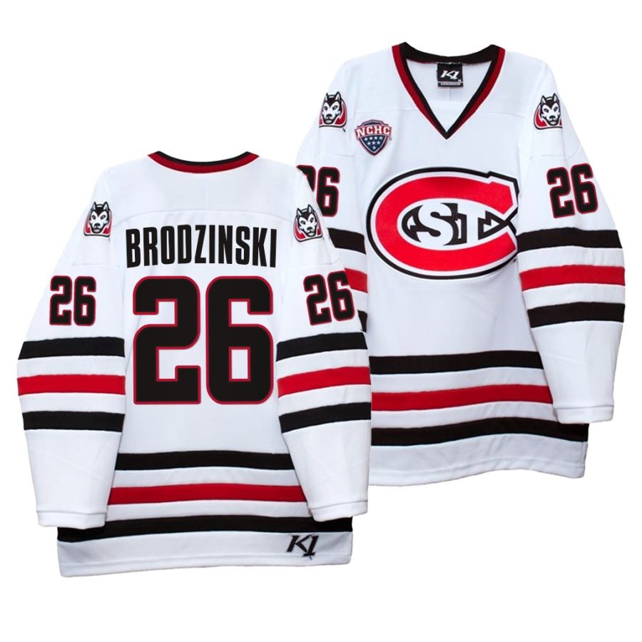 st. cloud state huskies easton brodzinski 2021 22 college hockey white home jersey