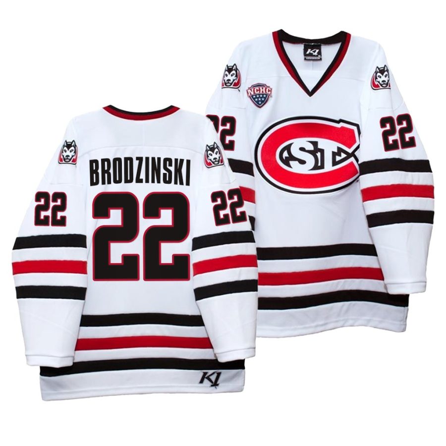 st. cloud state huskies jonny brodzinski college hockey white home jersey